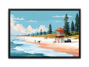 Retro lifeguard tower beach canvas art for coastal home decor.