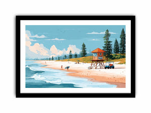 Retro lifeguard tower beach canvas art for coastal home decor.