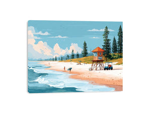 Retro lifeguard tower beach canvas art for coastal home decor.