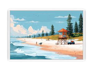 Retro lifeguard tower beach canvas art for coastal home decor.