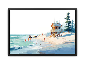 Minimal lifeguard hut beach canvas art for airy coastal bedroom decor.