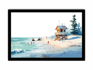 Minimal lifeguard hut beach canvas art for airy coastal bedroom decor.