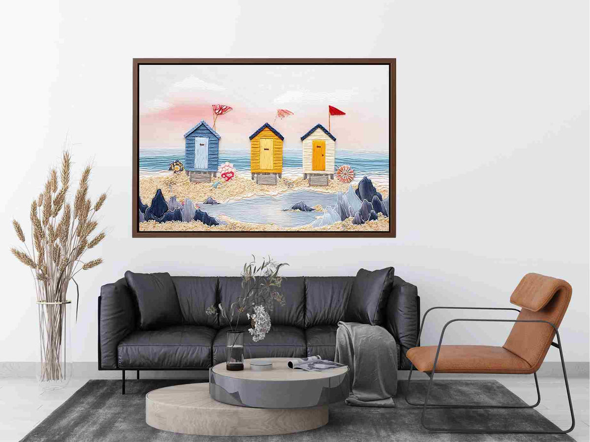 Colorful beach hut canvas art for cute coastal nursery decor.