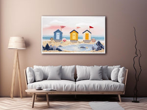 Colorful beach hut canvas art for cute coastal nursery decor.