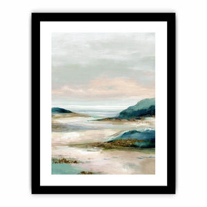 Soft abstract coastal landscape canvas art for serene bedroom decor.