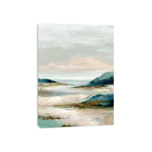 Soft abstract coastal landscape canvas art for serene bedroom decor.