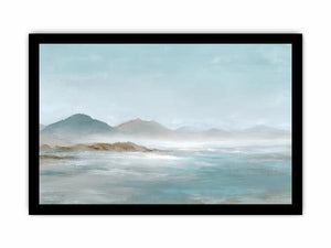 Soft blue mountain landscape canvas art for calm modern living room decor.