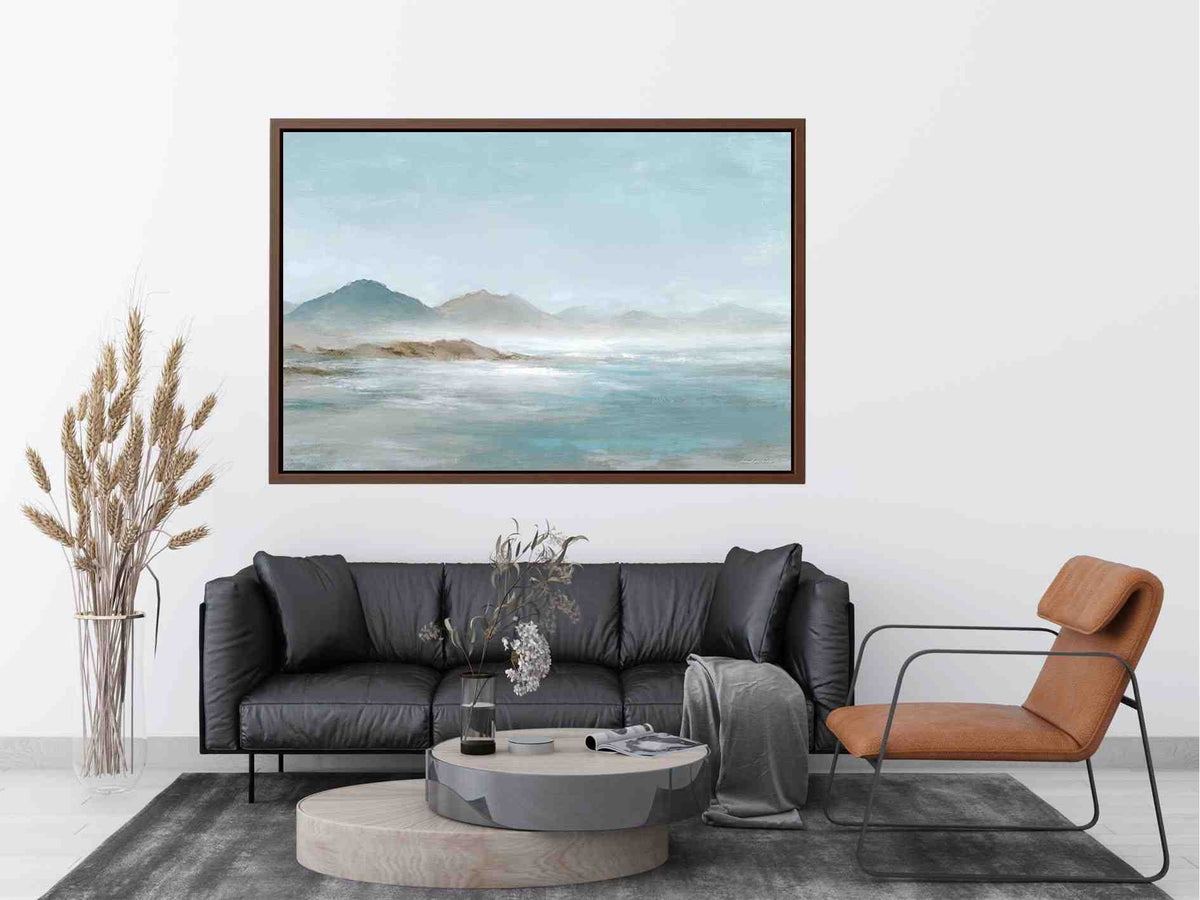 Soft blue mountain landscape canvas art for calm modern living room decor.