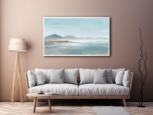 Soft blue mountain landscape canvas art for calm modern living room decor.