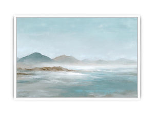 Soft blue mountain landscape canvas art for calm modern living room decor.