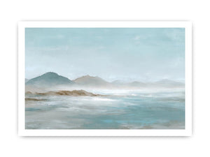Soft blue mountain landscape canvas art for calm modern living room decor.