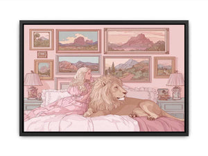 Pink fantasy girl and lion canvas art for whimsical kids bedroom decor.