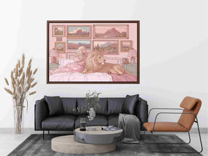 Pink fantasy girl and lion canvas art for whimsical kids bedroom decor.