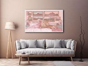 Pink fantasy girl and lion canvas art for whimsical kids bedroom decor.