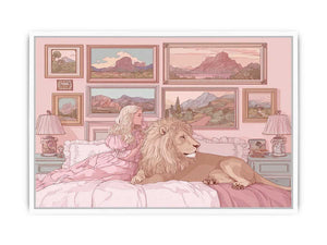 Pink fantasy girl and lion canvas art for whimsical kids bedroom decor.
