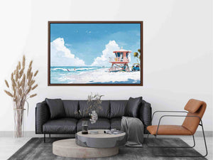 Pastel lifeguard tower beach canvas art for coastal living room decor.