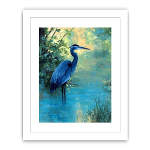 Blue heron wetland wildlife canvas art for serene living room decor.