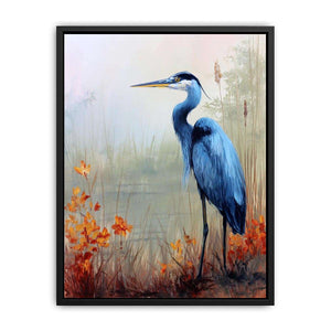 Blue heron and orange marsh flowers wall art for elegant bedroom decor.