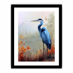 Blue heron and orange marsh flowers wall art for elegant bedroom decor.