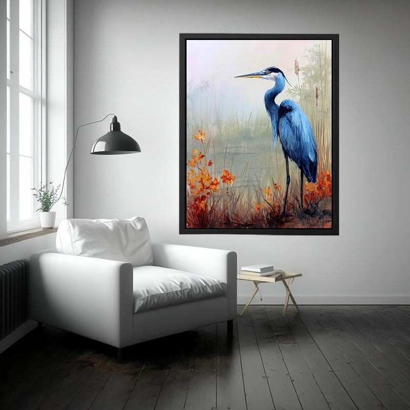 Blue heron and orange marsh flowers wall art for elegant bedroom decor.