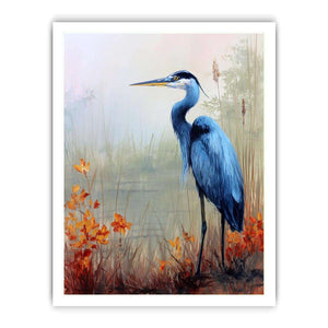 Blue heron and orange marsh flowers wall art for elegant bedroom decor.