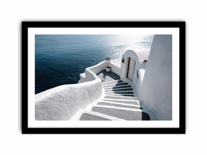 Santorini white steps ocean photography for modern coastal living room decor.