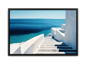 Mediterranean white stairs and turquoise sea canvas art for coastal living room decor.