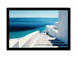 Mediterranean white stairs and turquoise sea canvas art for coastal living room decor.