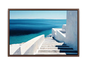 Mediterranean white stairs and turquoise sea canvas art for coastal living room decor.