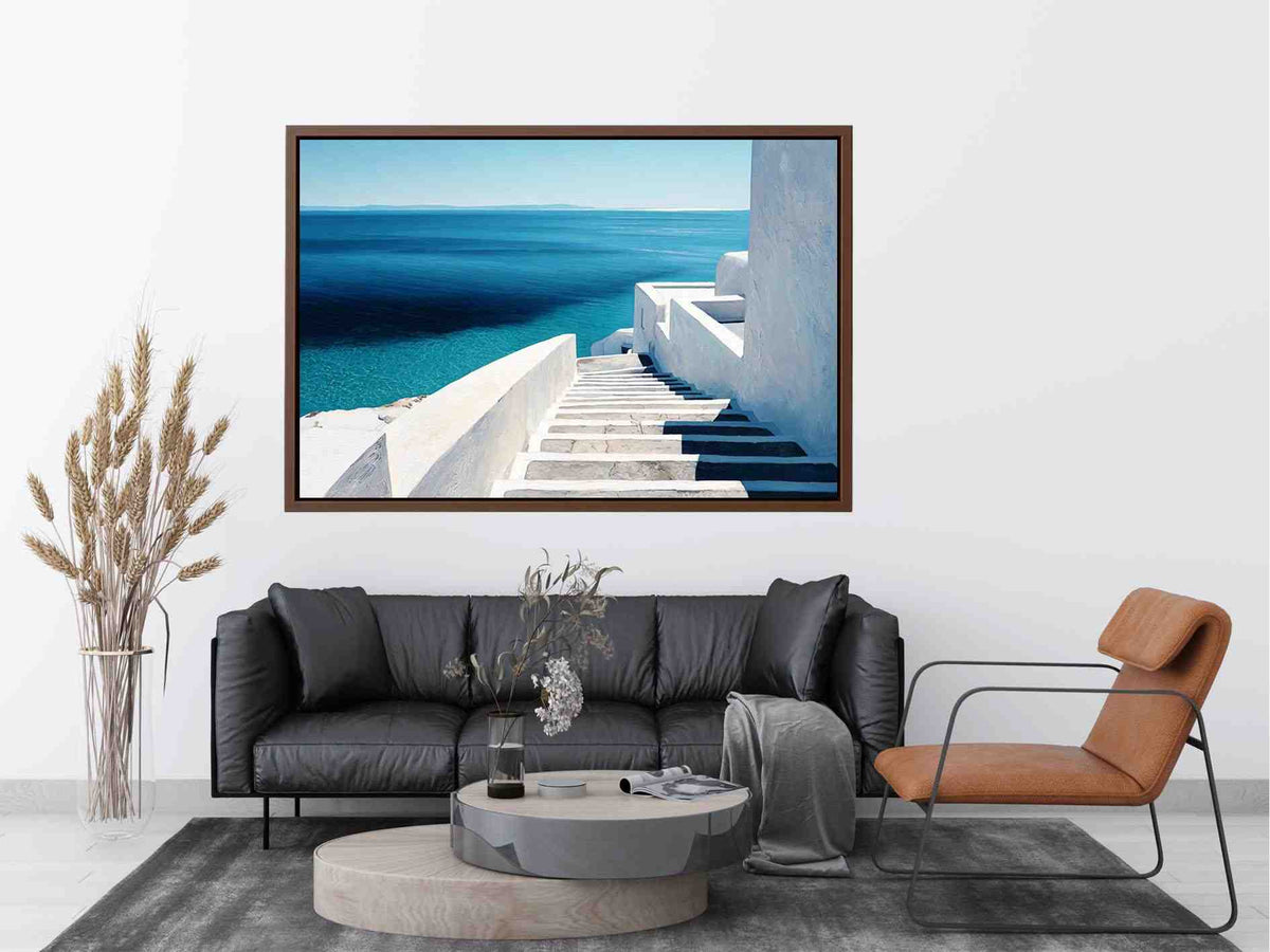 Mediterranean white stairs and turquoise sea canvas art for coastal living room decor.