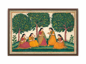 Mughal garden women and mango tree art for traditional dining room decor.