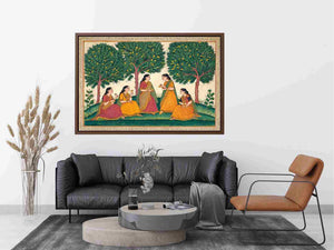 Mughal garden women and mango tree art for traditional dining room decor.