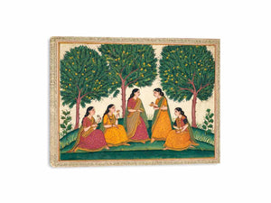 Mughal garden women and mango tree art for traditional dining room decor.
