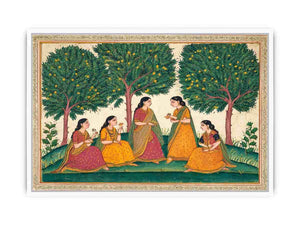Mughal garden women and mango tree art for traditional dining room decor.