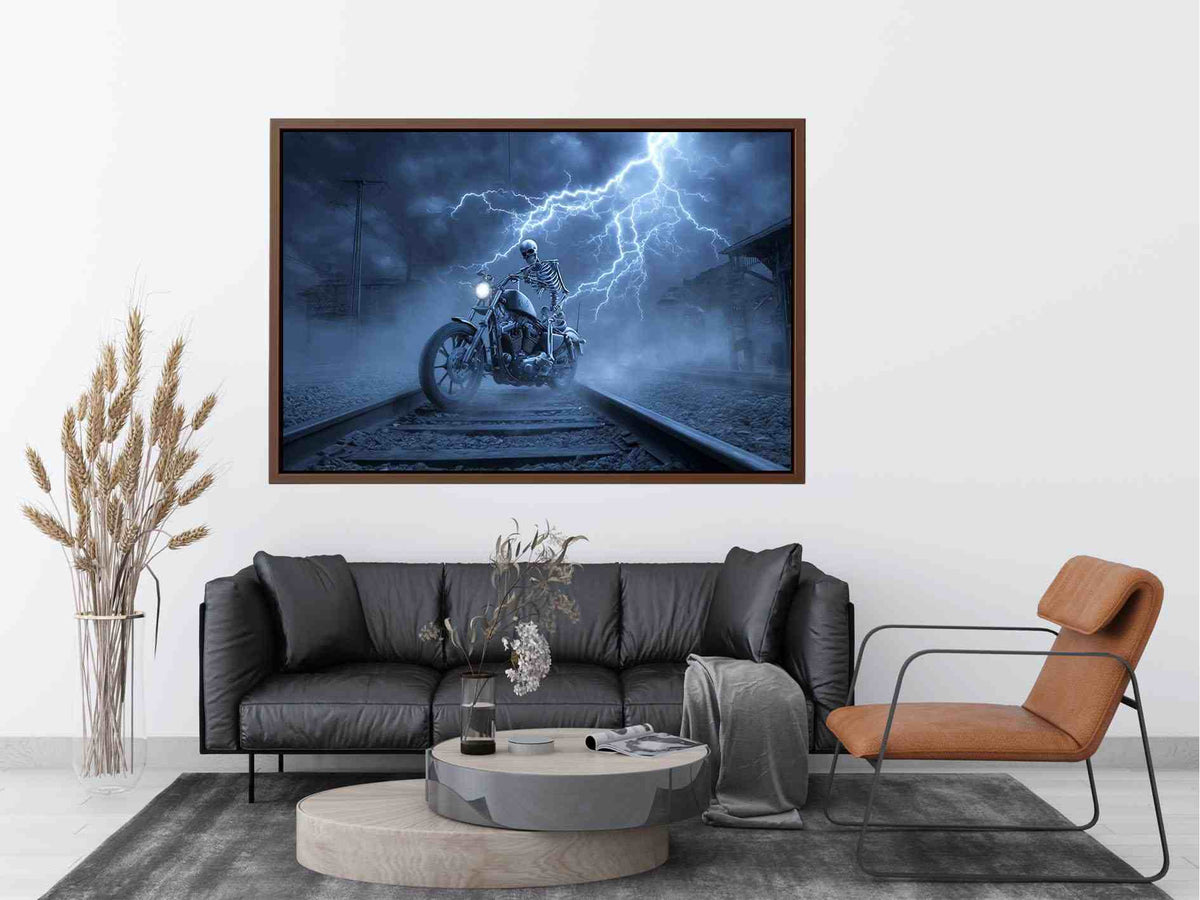 Skeleton motorcycle lightning canvas art for dramatic mancave wall decor.