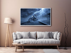 Skeleton motorcycle lightning canvas art for dramatic mancave wall decor.