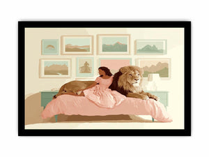 Girl with lion whimsical bedroom canvas art for nursery and kids room decor.