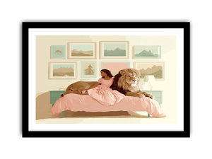 Girl with lion whimsical bedroom canvas art for nursery and kids room decor.