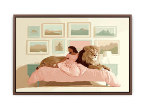 Girl with lion whimsical bedroom canvas art for nursery and kids room decor.