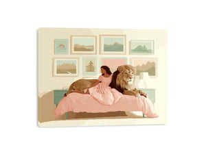 Girl with lion whimsical bedroom canvas art for nursery and kids room decor.