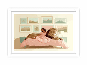 Girl with lion whimsical bedroom canvas art for nursery and kids room decor.
