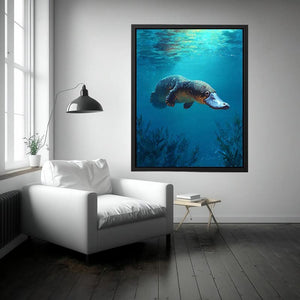Platypus underwater wildlife canvas art for bathroom or coastal room decor.