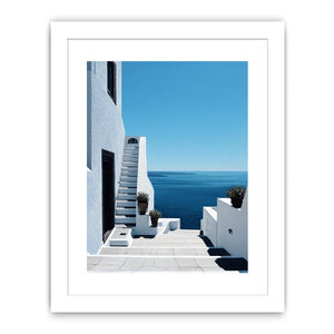 Greek courtyard stairs and sea photography for Mediterranean entryway decor.