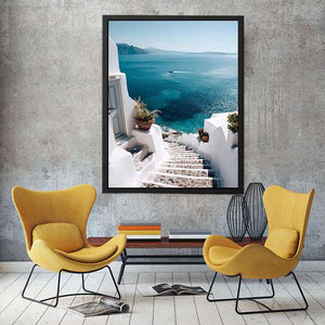 Santorini sea view stairs photography for coastal bedroom wall decor.