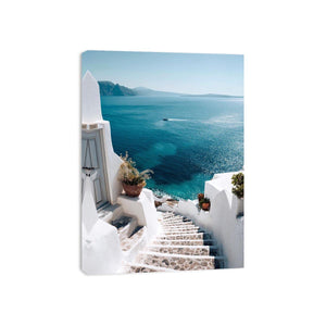 Santorini sea view stairs photography for coastal bedroom wall decor.