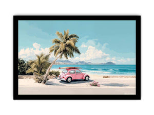 Pink vintage car with surfboard under palm trees on a tropical beach for coastal living room decor.