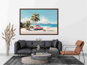 Pink vintage car with surfboard under palm trees on a tropical beach for coastal living room decor.