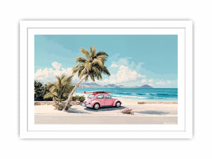 Pink vintage car with surfboard under palm trees on a tropical beach for coastal living room decor.