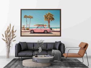 Pink vintage beach car with surfboards and palm trees for retro coastal wall decor.