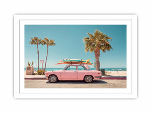 Pink vintage beach car with surfboards and palm trees for retro coastal wall decor.